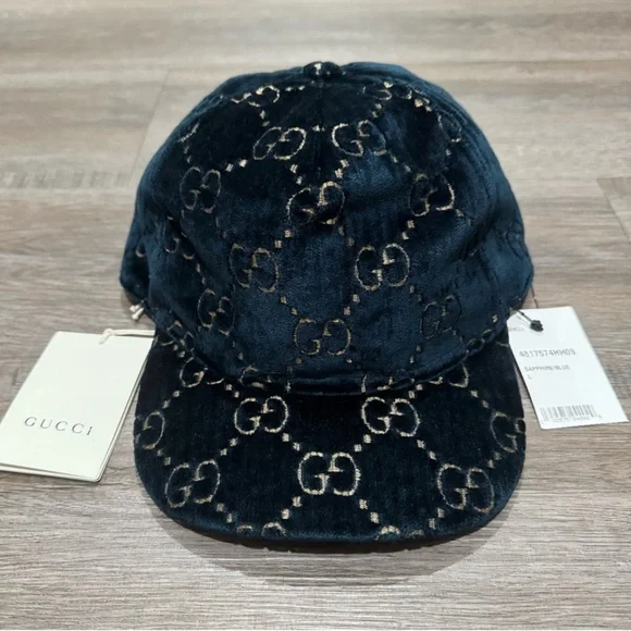 Gucci Double GG Logo Sapphire Blue Gold Velvet Baseball Cap Hat - Picture 3 of 14